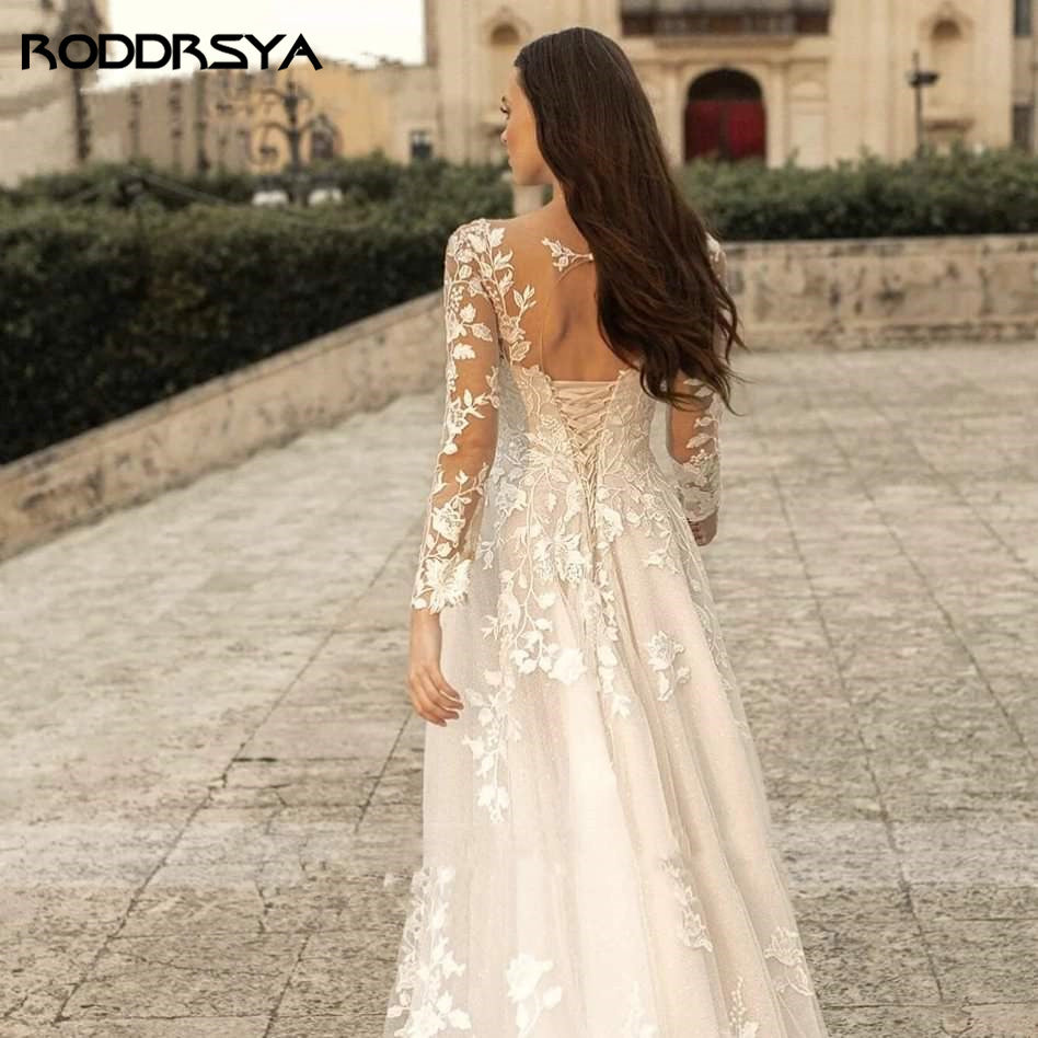 Elegant O-Neck Wedding Lace A-Line Boho Long Sleeves Wedding Bride Gowns Dress The Clothing Company Sydney
