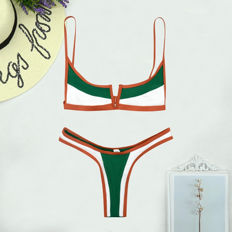 2 Piece Vintage Retro Bikini Patchwork Swimsuit Thong Brazilian Swimwear Summer Micro V-bar Green Bathing Suits The Clothing Company Sydney