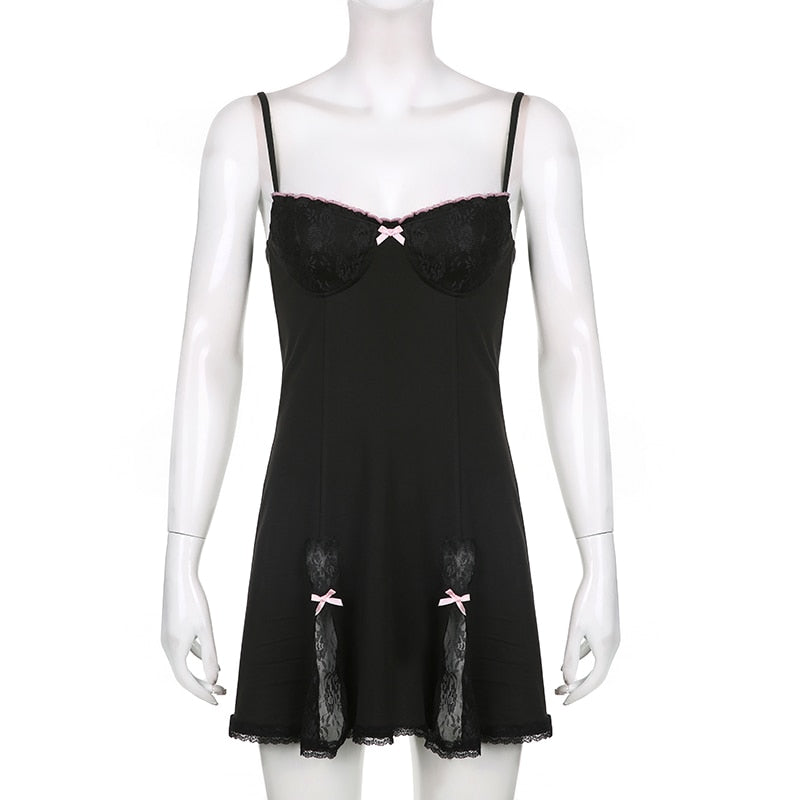 Y2K Retro Lace Patchwork Strap Bow Black Dress Mini Fashion Aesthetic Bow Club Party Dresses for Women Outfits The Clothing Company Sydney