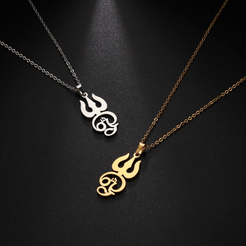 Tamil Om Aum Symbol with Trident Pendant Stainless Steel Necklace Om Shiva Symbol Yoga Vintage Talisman Jewellery The Clothing Company Sydney