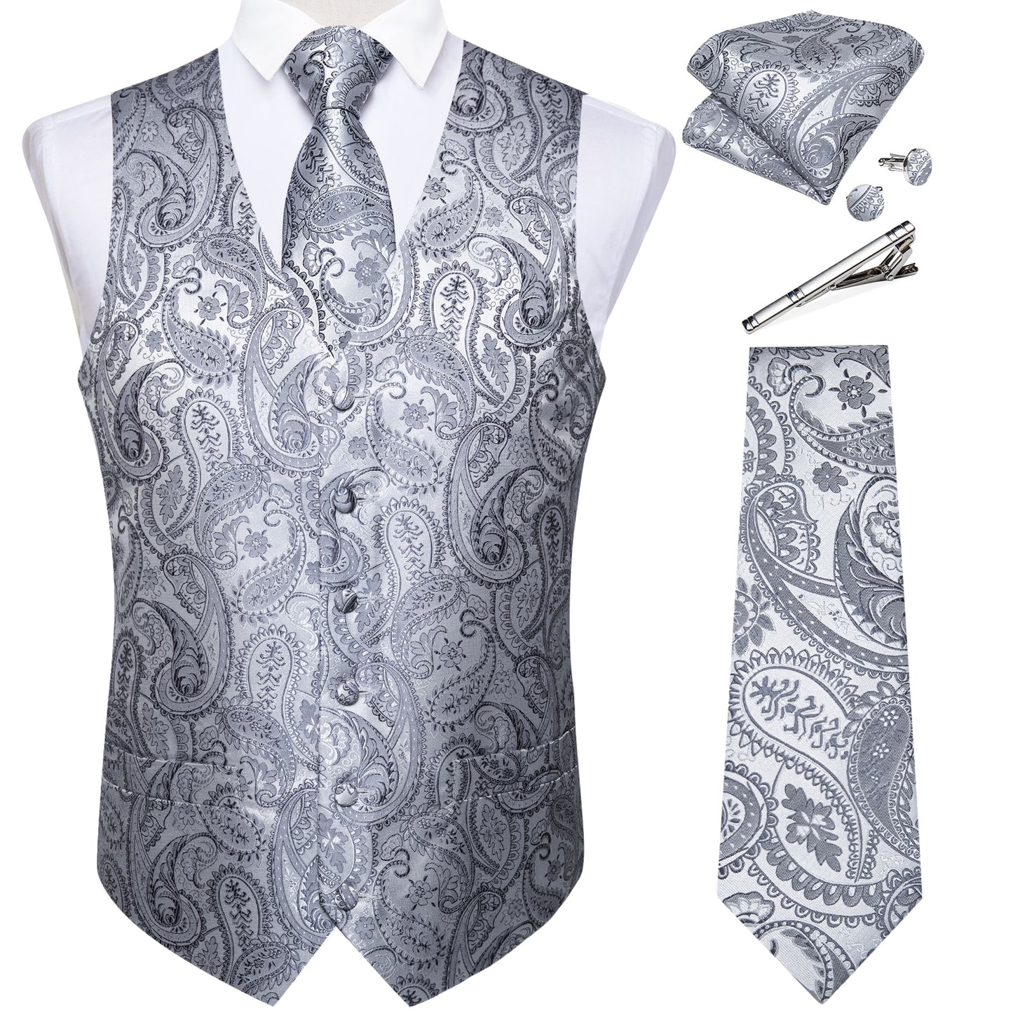 5 Piece Classic Black Wedding Vest for Men Silk Suit Vest Tie Ring Cufflinks Hanky Set for Party Formal Dress Business Casual Waistcoat The Clothing Company Sydney