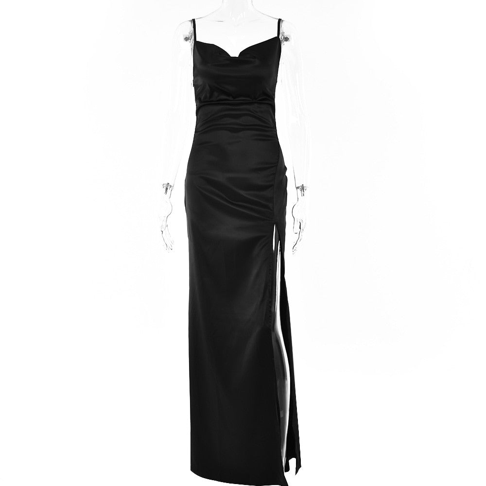 Silky Satin Elegant Slit Maxi Dress Backless Straps Gown Club Party Long Dresses The Clothing Company Sydney