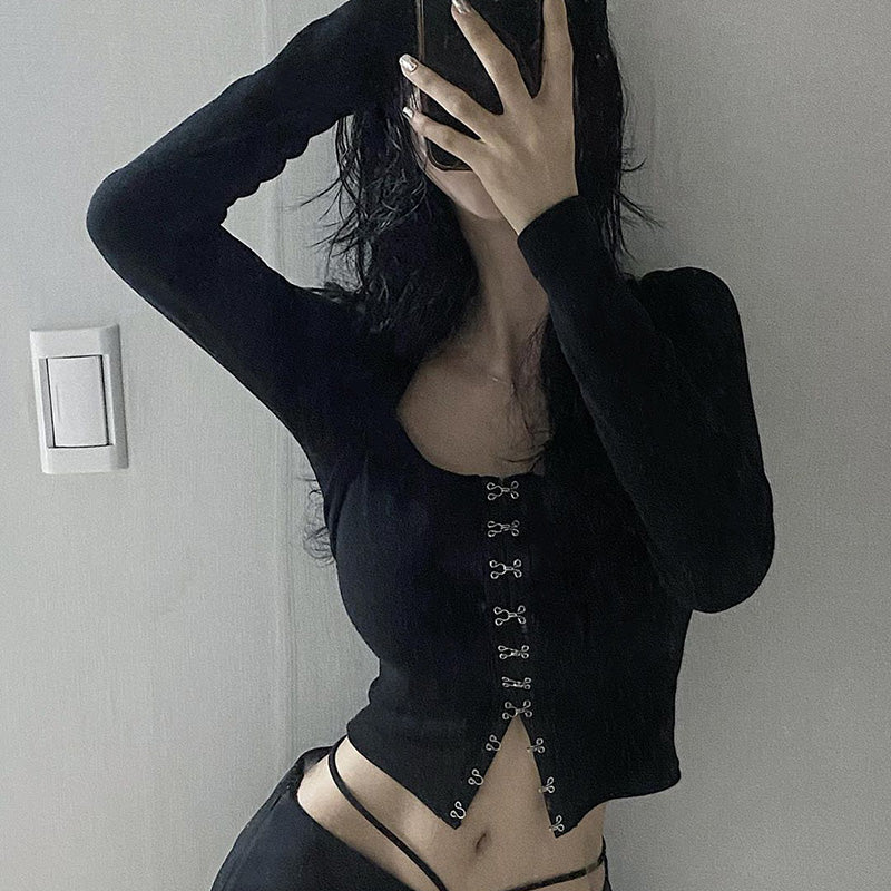 Streetwear Square Neck Hook Cotton Aututmn T-shirts Bodycon Gothic White Crop Tops Tees Long Sleeve T shirt The Clothing Company Sydney