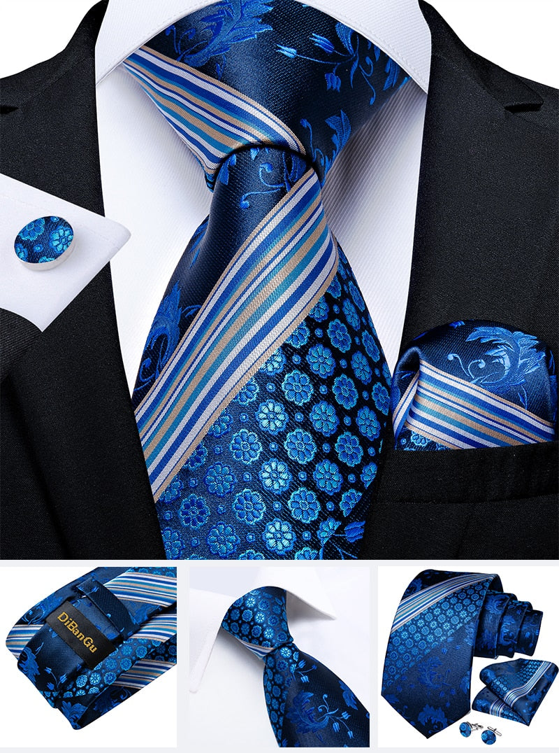 Classic 100% Silk Men's Ties 8cm Blue Plaid Dot Striped Business Necktie Handkerchief Wedding Party Tie Set The Clothing Company Sydney