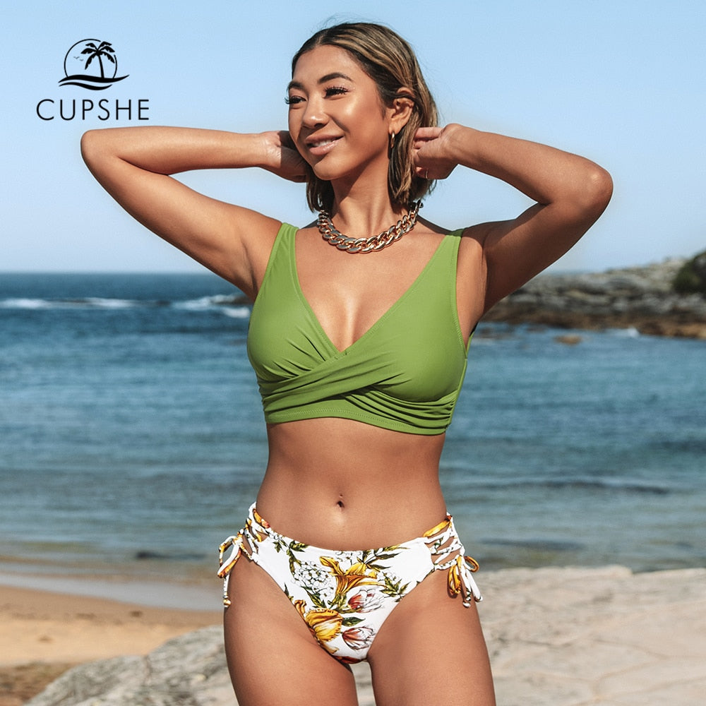 Yellow And Lemon Print Mid-Waist Bikini Sets Swimsuit Lace Up Two Pieces Swimwear Beach Bathing Suits The Clothing Company Sydney