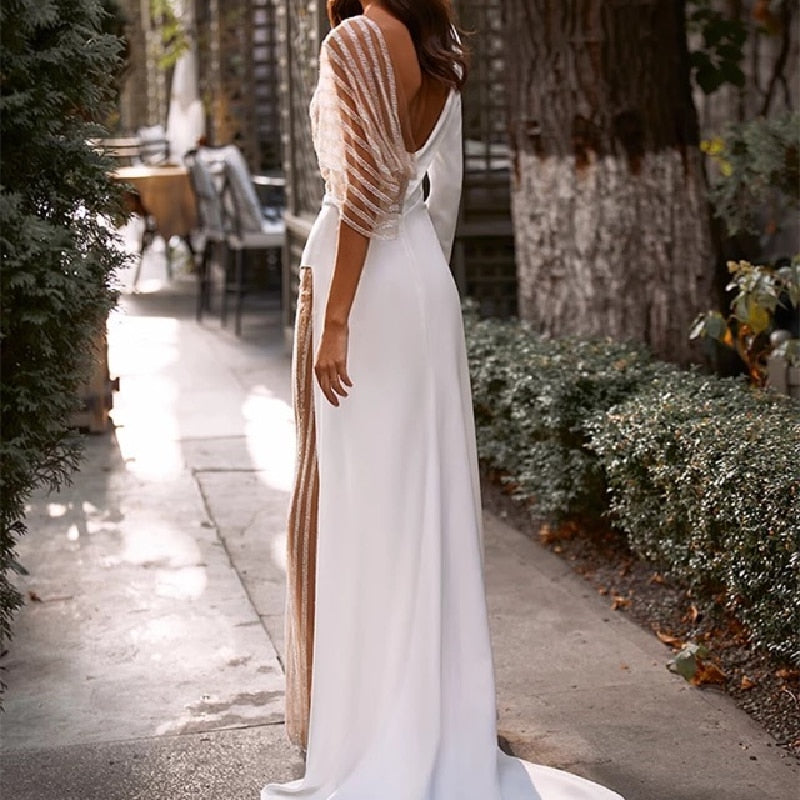 Jumpsuit Wedding Dresses Pants Suit Wedding Party Bridal Gown Illusion Tulle Long Sleeve V-Neck Sweep Train Open Back Bridal Outfit The Clothing Company Sydney