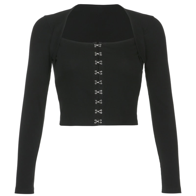 Streetwear Square Neck Hook Cotton Aututmn T-shirts Bodycon Gothic White Crop Tops Tees Long Sleeve T shirt The Clothing Company Sydney