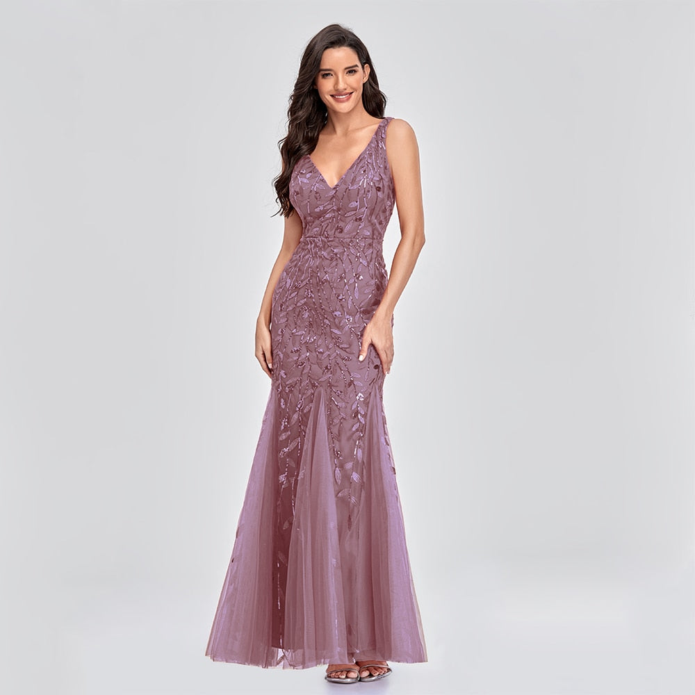 Sleeveless V-neck Tulle Sequins Cocktail V-back Mermaid Party Prom Gown Formal Occasion Embroidered Formal Dress The Clothing Company Sydney