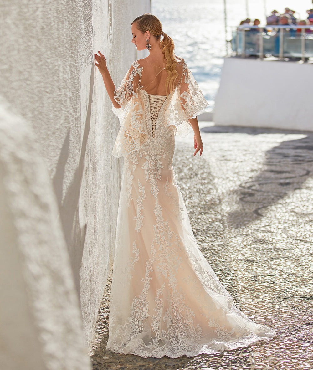 Charming Mermaid Wedding Sheer Neck Lace Bridal Gown with Flare Sleeves Custom Made Champagne Bride Dress The Clothing Company Sydney
