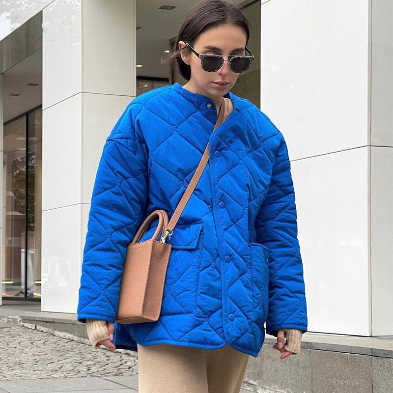 Women's Winter Blue Oversize Puffer Casual Fashion Warm Cotton Button Down Quilted Coat  Loose Jacket The Clothing Company Sydney