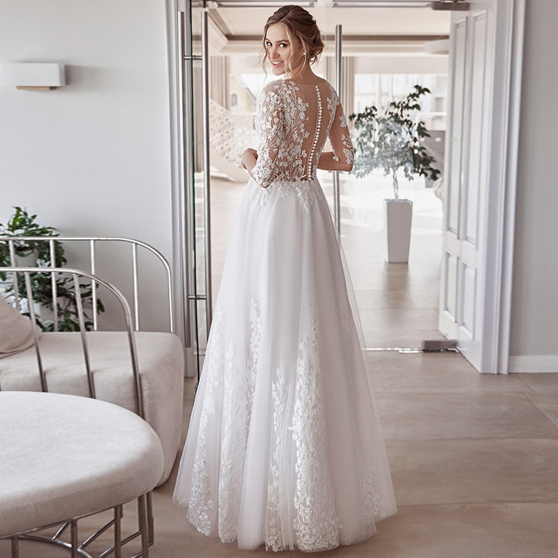 Half Sleeve Floor Length A-Line Wedding Dress Lace Appliques O-Neck Vintage Civil Bridal Gown With Button Back Tulle Dress The Clothing Company Sydney