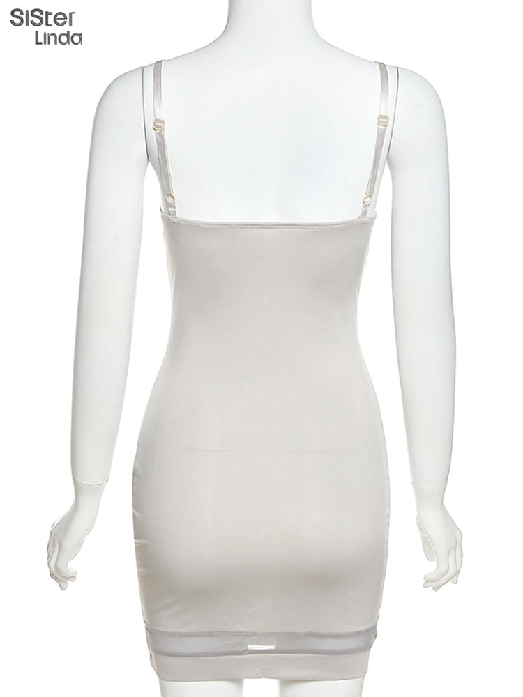 Casual Mesh Bodycon Mini Dress Women Romper  Sleeveless Skinny Stretchy Deep V Neck Party Clubwear Trend Outfit The Clothing Company Sydney