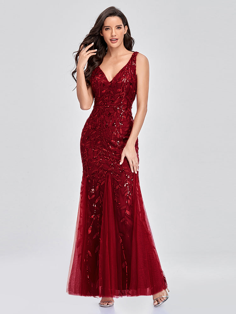 Sleeveless V-neck Tulle Sequins Cocktail V-back Mermaid Party Prom Gown Formal Occasion Embroidered Formal Dress The Clothing Company Sydney