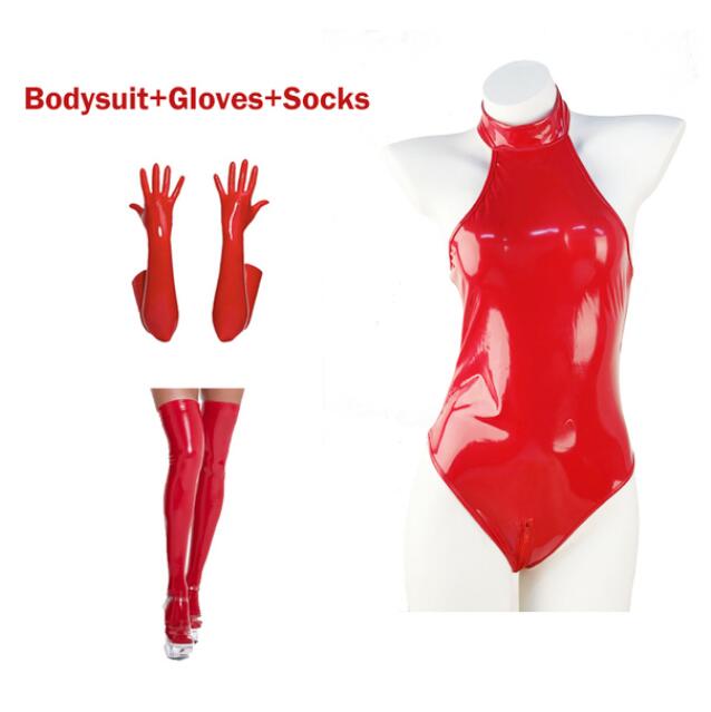 PU Leather Lingerie Glossy Leather Bodysuits with Socks Gloves Women Wet Look Latex Catsuit Exotic Zip Open Crotch Costumes The Clothing Company Sydney