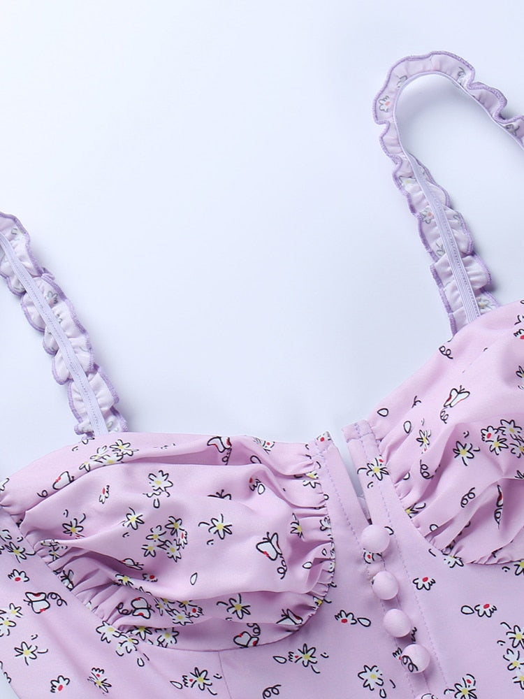 Ruffle Mini Dresses Floral Print Purple Button Sleeveless Y2K Women Casual Fashion Elegant Party Dresses The Clothing Company Sydney