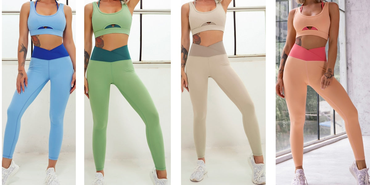 Layered Look Long Sleeve Yoga Crop Top Wrap V Waist Leggings Layered Cut Out Sports Bra Contrast Waist Shorts The Clothing Company Sydney