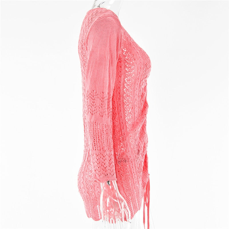 Knitted Hook Flower Hollow Out Drawstring Women Dress Blue Long Sleeve V-neck Dress Spring Slim Fashion Streetwear The Clothing Company Sydney