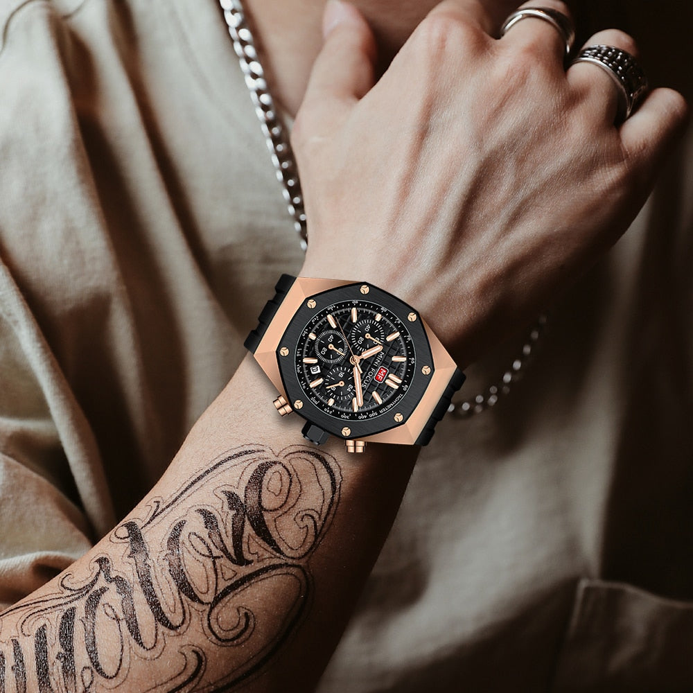MINI FOCUS Polygon Design Alloy Quartz Wristwatch Luxury Brand Watch Men's High Quality Silicone Chronograph Sports Watch Clothing Company Sydney