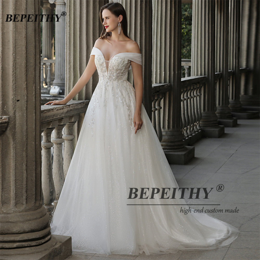 Off The Shoulder Ivory Boho Wedding Dresses A Line Chic Beading Lace UK Bride Bridal Gown The Clothing Company Sydney