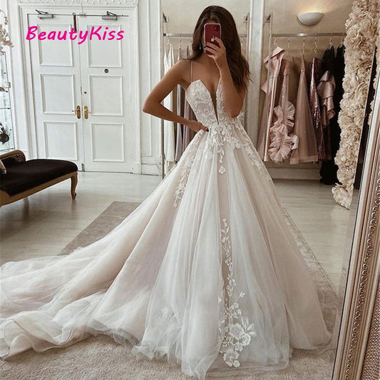 A-Line Boho V-Neck Straps Appliqued Lace Bridal Gowns Elegant Long Train Tulle Beach Princess Wedding Party Dress The Clothing Company Sydney