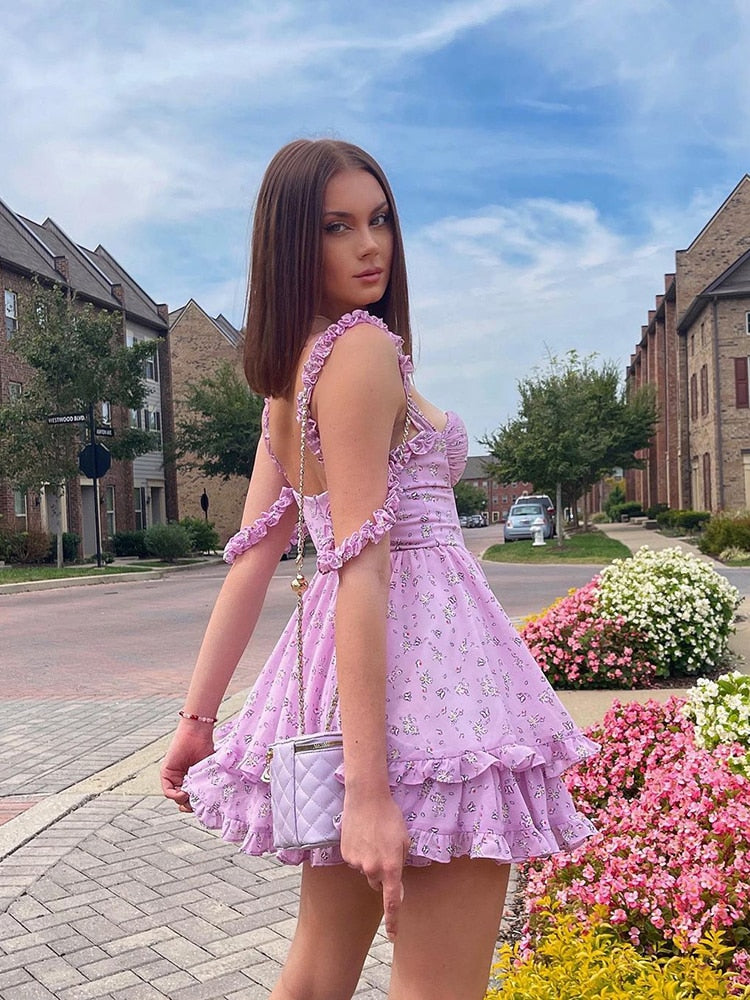 Ruffle Mini Dresses Floral Print Purple Button Sleeveless Y2K Women Casual Fashion Elegant Party Dresses The Clothing Company Sydney