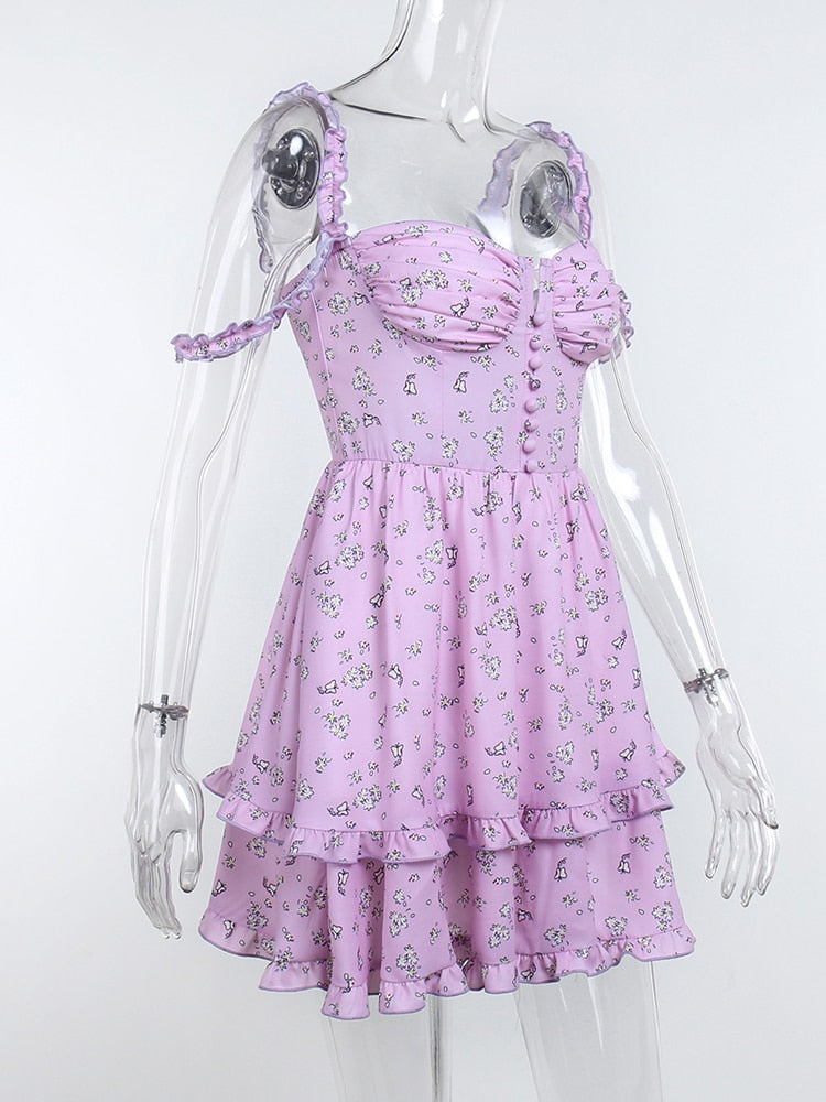 Ruffle Mini Dresses Floral Print Purple Button Sleeveless Y2K Women Casual Fashion Elegant Party Dresses The Clothing Company Sydney
