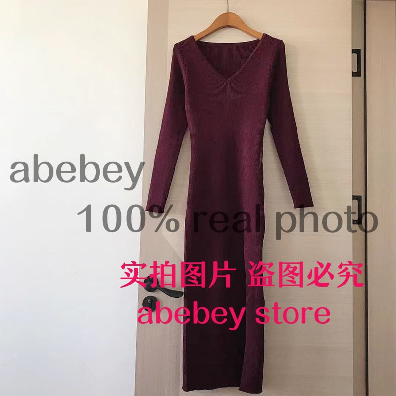 Long Sleeve slit sweater dress slim tight fitting hip knit over the knee dresses The Clothing Company Sydney