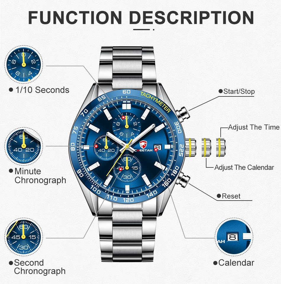 CHEETAH Men's Top Luxury Brand Stainless Steel Business Quartz Watches Chronograph Casual Sport Wrist Watches for Men The Clothing Company Sydney