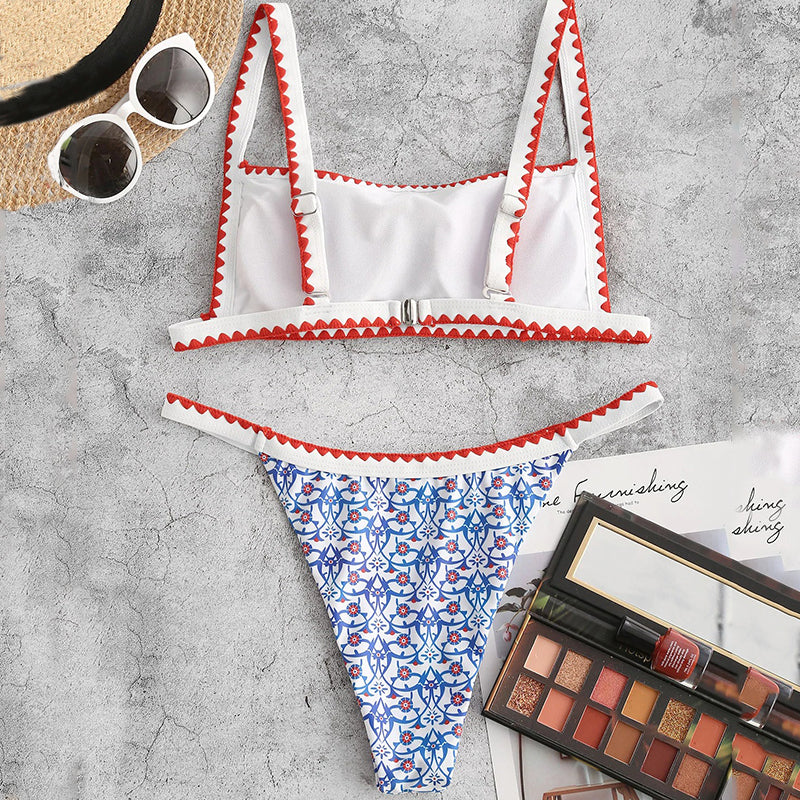 Printed Bandeau swimsuit Patchwork 2 pieces set High cut swimwear Sports bathing suit bikini set The Clothing Company Sydney