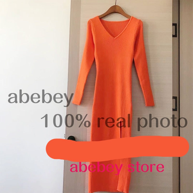 Long Sleeve slit sweater dress slim tight fitting hip knit over the knee dresses The Clothing Company Sydney