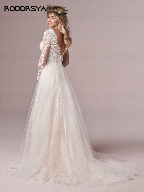 A Line Long Sleeves Wedding Dresses Lace Bridal Gowns Tulle Ivory Open Back Wedding Dress The Clothing Company Sydney