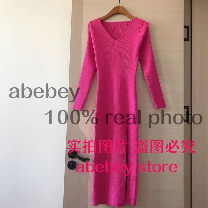 Long Sleeve slit sweater dress slim tight fitting hip knit over the knee dresses The Clothing Company Sydney