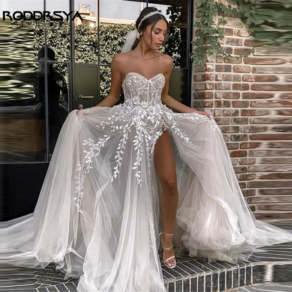 Beach Wedding Dresses For Bride Elegant Lace Boho Wedding Gowns Strapless Sleeveless High Split Princess Dresses The Clothing Company Sydney