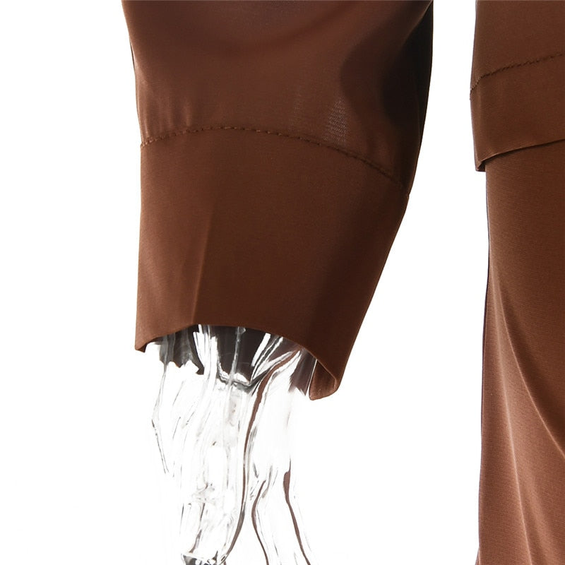 Turn-down Collar Button Two Piece Set Brown Long Sleeve Top High Waist Skirt Women Autumn Slim Office Outfits The Clothing Company Sydney
