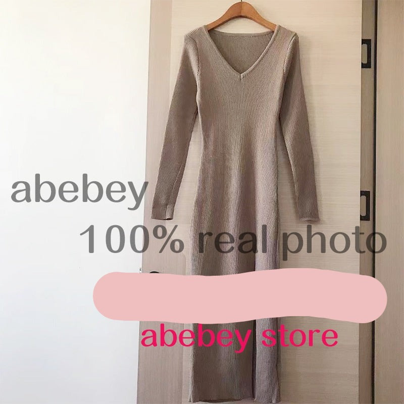 Long Sleeve slit sweater dress slim tight fitting hip knit over the knee dresses The Clothing Company Sydney