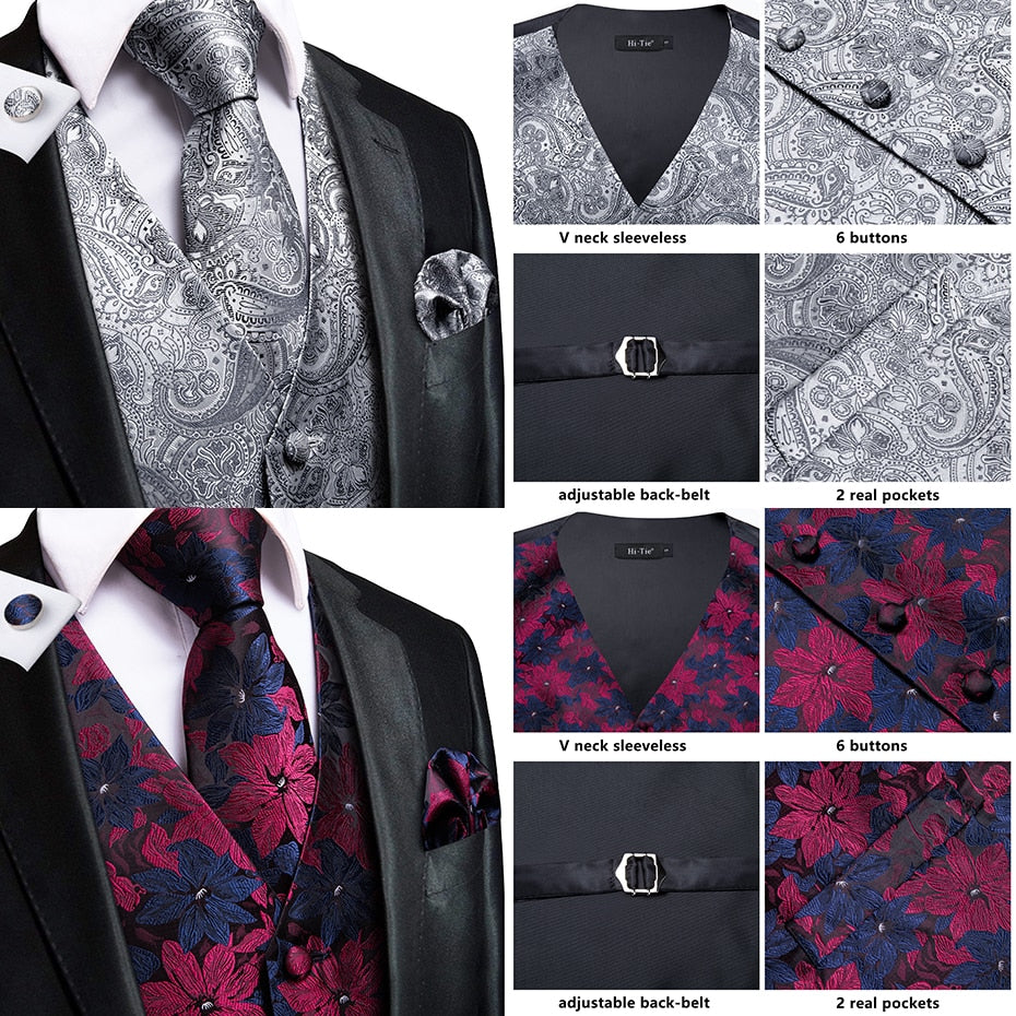 4Piece Mens Vest for Suit Luxury Paisley Floral Plaid Suit Silk Vest and Tie Set Blue Gold Red Sliver Wedding Vest The Clothing Company Sydney
