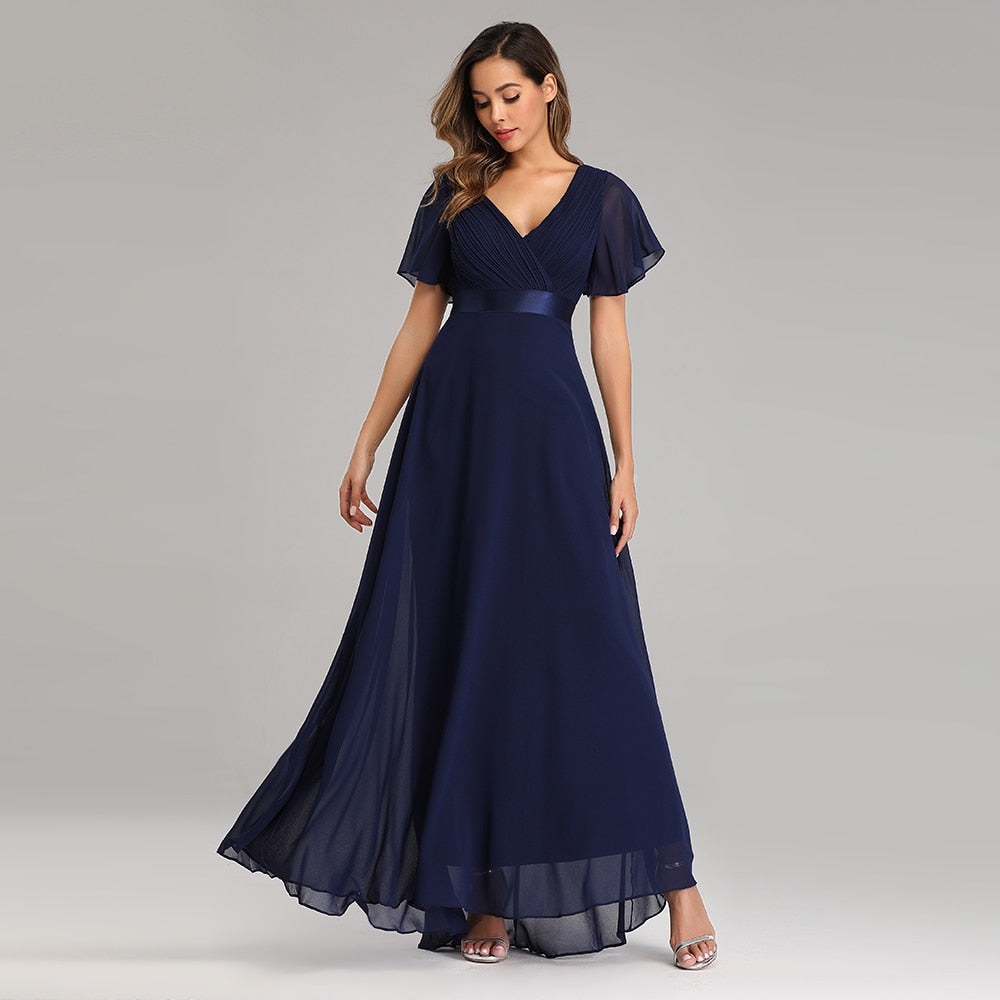 Elegant V-Neck Ruffles Chiffon Evening Gown Wedding Party Cocktail Formal Dress The Clothing Company Sydney