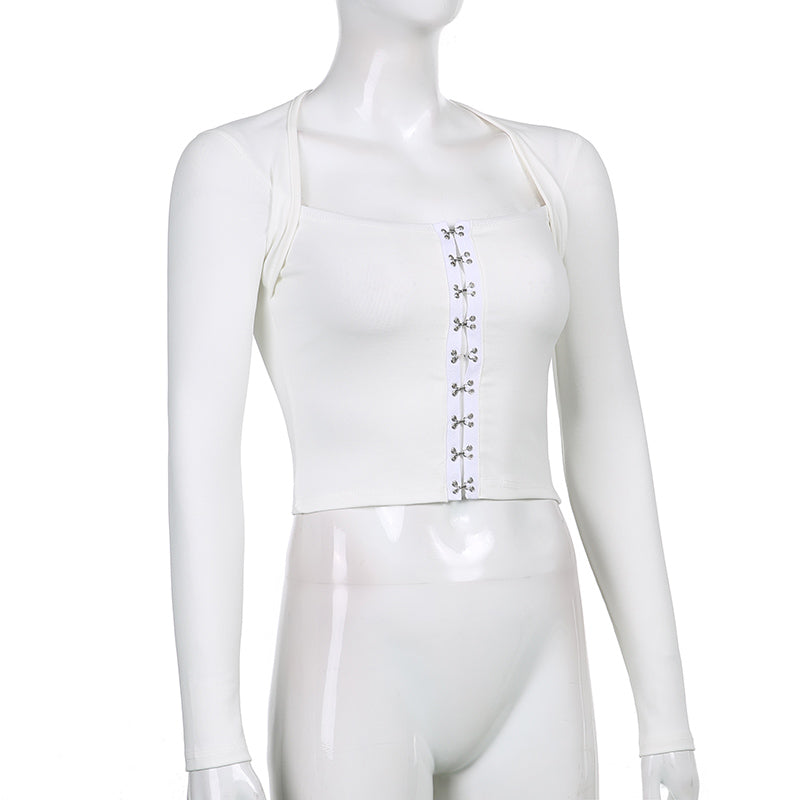 Streetwear Square Neck Hook Cotton Aututmn T-shirts Bodycon Gothic White Crop Tops Tees Long Sleeve T shirt The Clothing Company Sydney