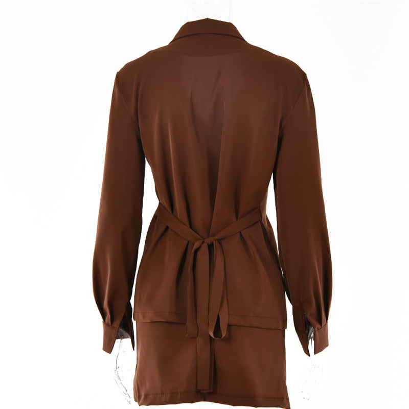 Turn-down Collar Button Two Piece Set Brown Long Sleeve Top High Waist Skirt Women Autumn Slim Office Outfits The Clothing Company Sydney