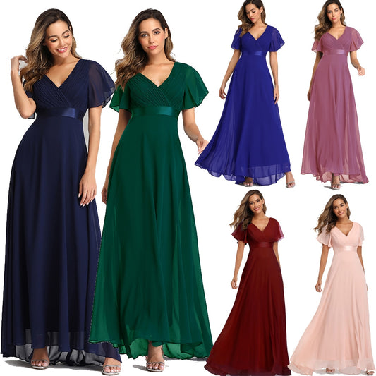 Elegant V-Neck Ruffles Chiffon Evening Gown  Wedding Party Cocktail Formal Dress The Clothing Company Sydney