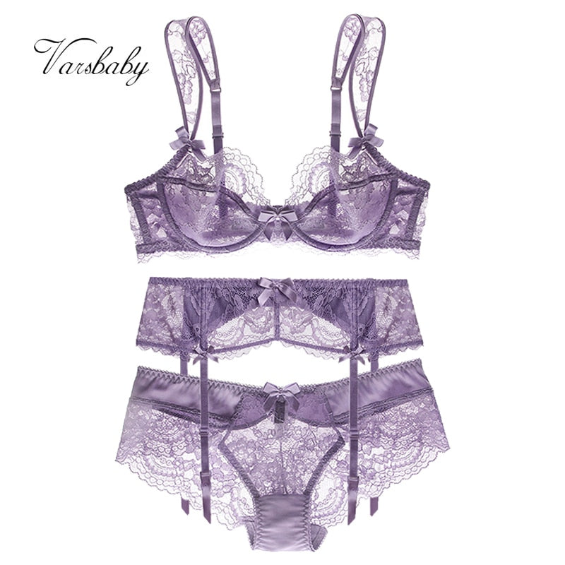 Ultra-Thin Gathered Plus Size Bowknot Floral Underwear Lace Strap Bra + Panties + Garte 3 Piece set The Clothing Company Sydney