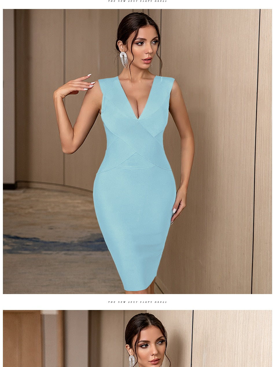 Summer Bandage Dress Red Green Black Tank Sexy Deep V-Neck Sleeveless Midi Bodycon Runway Party Dress The Clothing Company Sydney