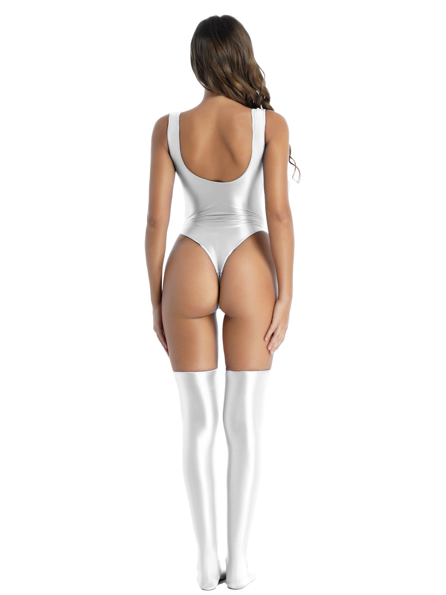 Women's Glossy Stretchy Swimming Suit Swimwear Swimsuit Sleeveless High Cut Slim Fit Bodysuit with Stocking Outfits Clubwear The Clothing Company Sydney