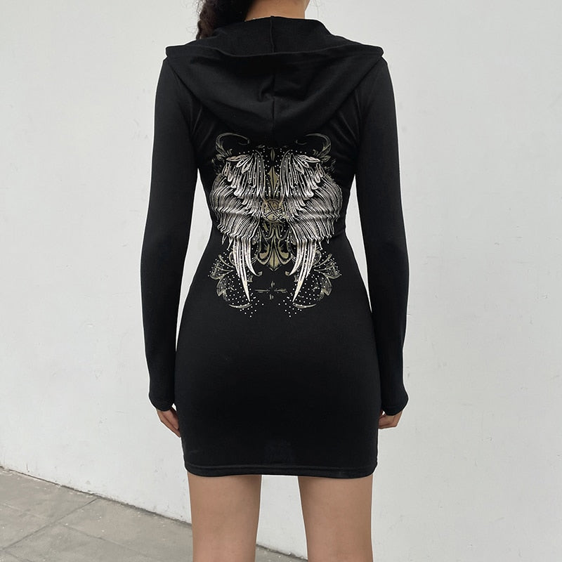 Gothic Grunge Fairycore Wings Printed Graphic Zipper Hooded Bodycon Dark Academia Autumn Mini Dresses Y2K Dress The Clothing Company Sydney