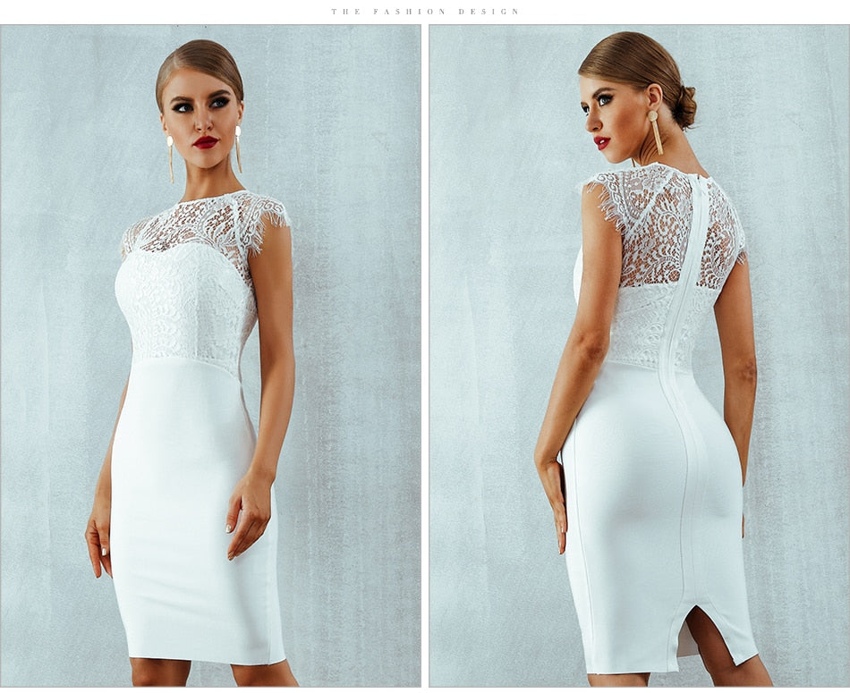 Summer White Lace Bandage Dress Black Short Sleeve Midi Hollow Out Club Celebrity Evening Party Dress The Clothing Company Sydney