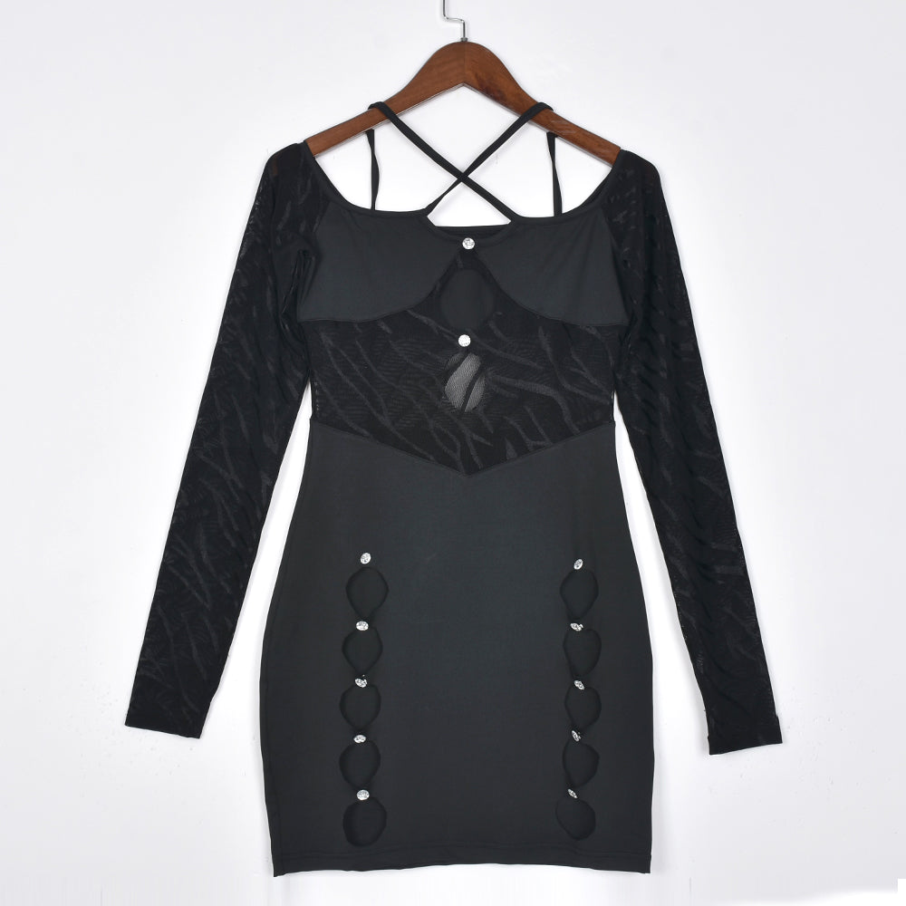 Halter Neck Off Shoulder Cut Out Bodycon Mini Dress Women Long Sleeve Backless Flocking Goth Black Dresses The Clothing Company Sydney