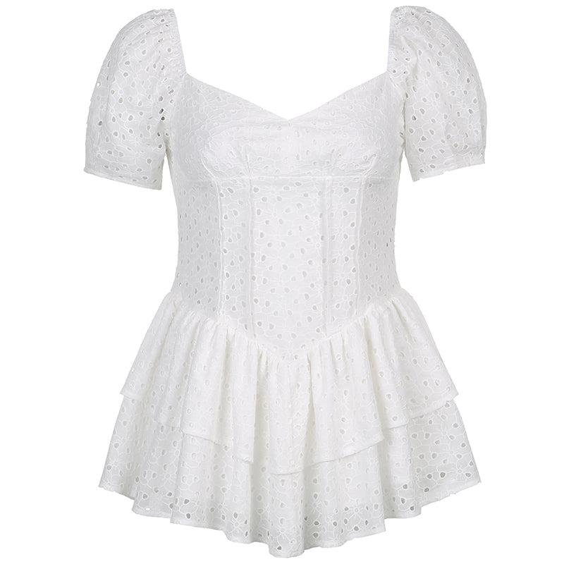 Hook Flower Mini Deep V Neck Vintage Puff Sleeve Short Summer Dress Boho Beach Sundress The Clothing Company Sydney