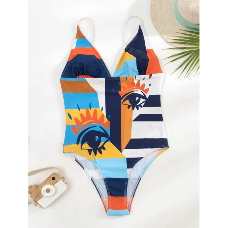 Print One Piece Swimsuit Closed Swimwear Blue Push Up Women Flower Vintage Body Swim Beach Pool Bathing Suit The Clothing Company Sydney