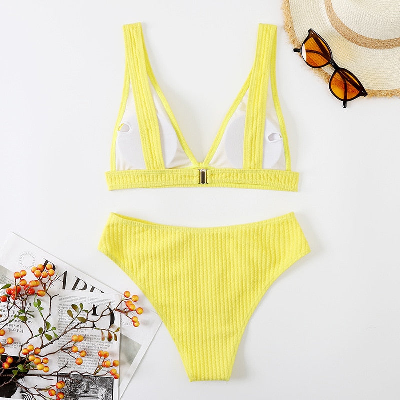 2 Piece Ribbed Bikini Women Swimsuit High Waist Swimwear V-neck Biquini Push Up Bathing Suit Women Black Bikini Set The Clothing Company Sydney