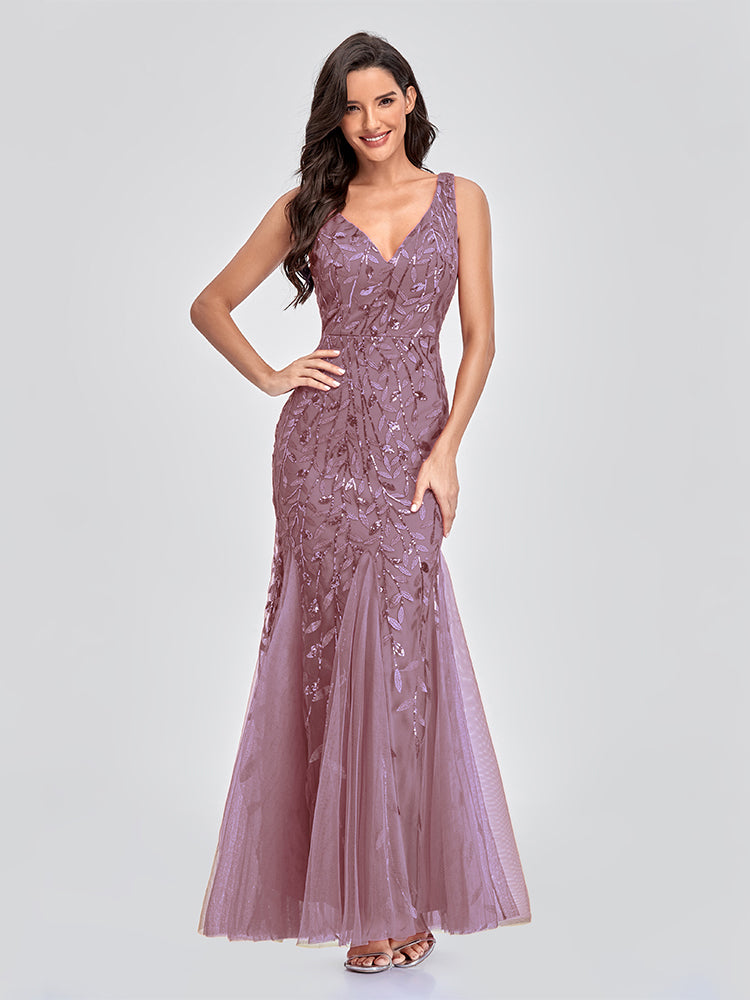 Sleeveless V-neck Tulle Sequins Cocktail V-back Mermaid Party Prom Gown Formal Occasion Embroidered Formal Dress The Clothing Company Sydney